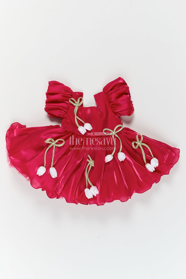 Girls Fuchsia Satin Party Frock with Tulip Bows and Ruffled Sleeves