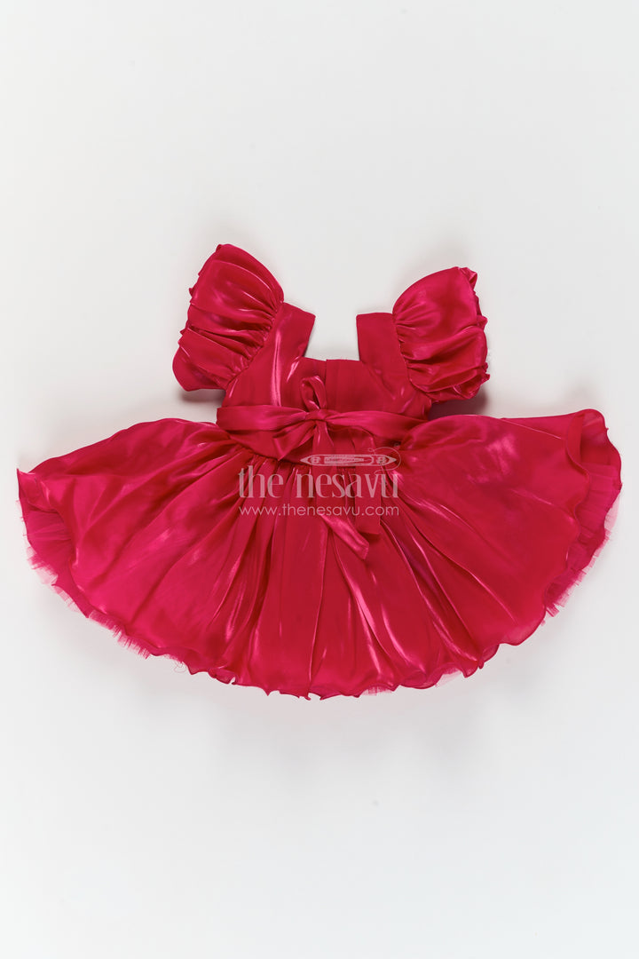 Girls Fuchsia Satin Party Frock with Tulip Bows and Ruffled Sleeves
