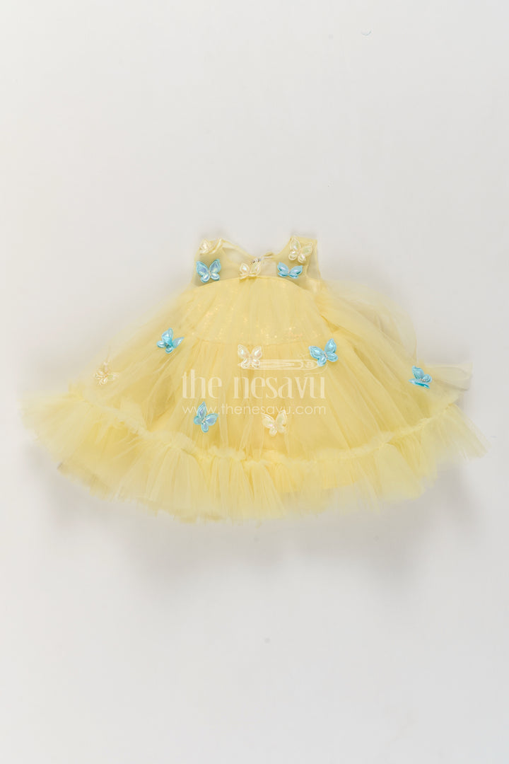 Girls Soft Net Party Frock in Pale Yellow with Blue Butterfly Tiers
