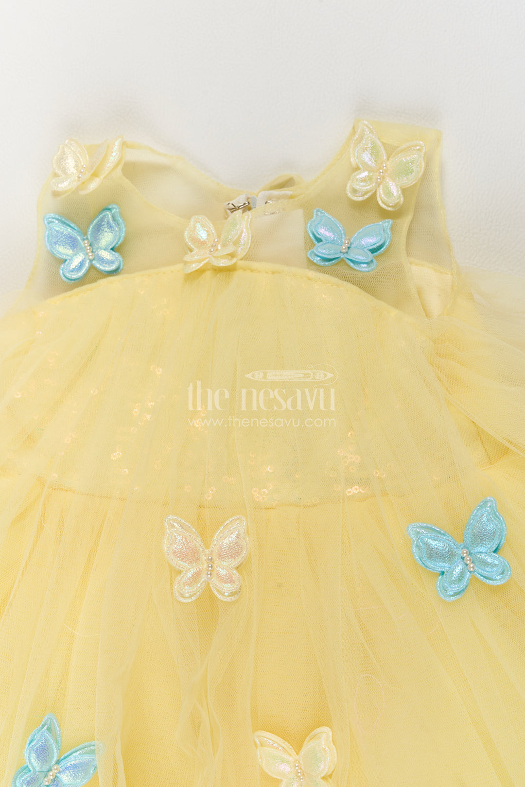 Girls Soft Net Party Frock in Pale Yellow with Blue Butterfly Tiers