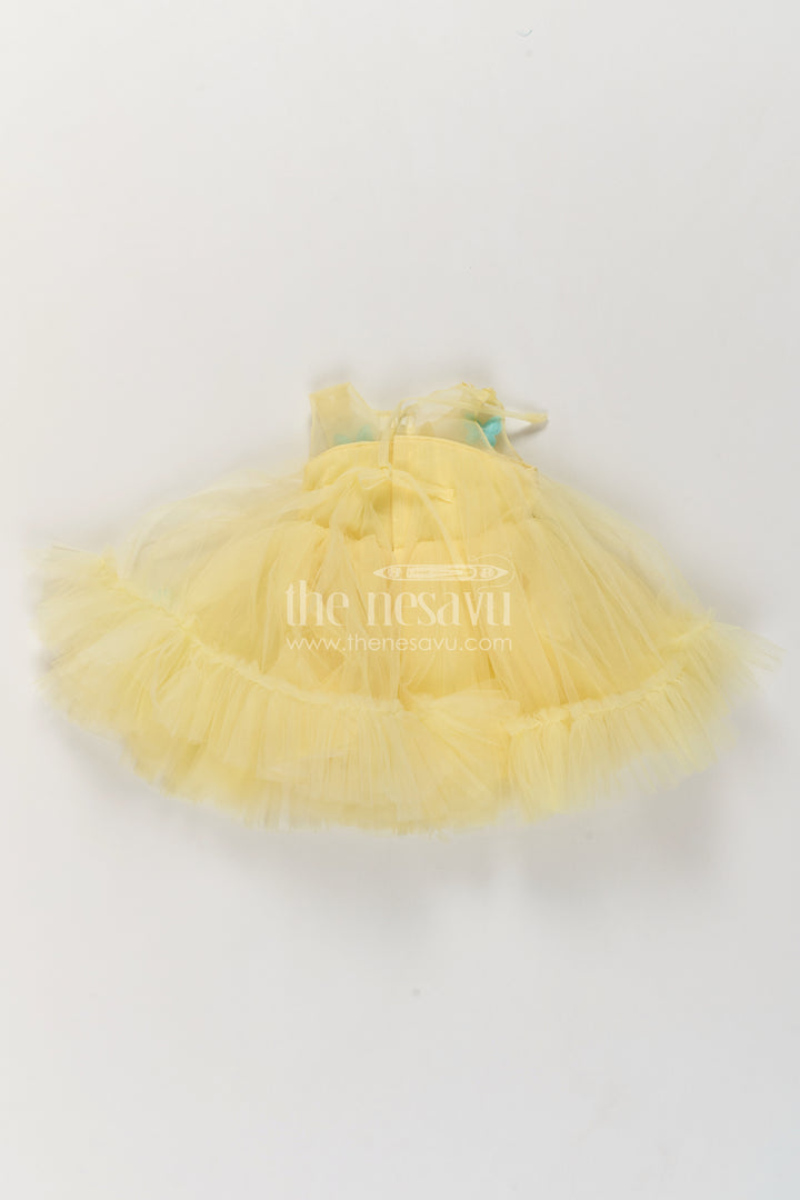 Girls Soft Net Party Frock in Pale Yellow with Blue Butterfly Tiers