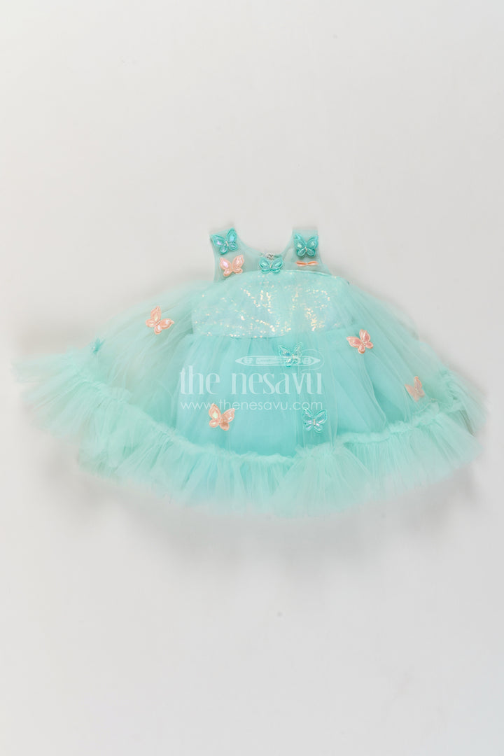 Girls Mint Turquoise Soft Net Peach Butterfly Tiers Party Frock