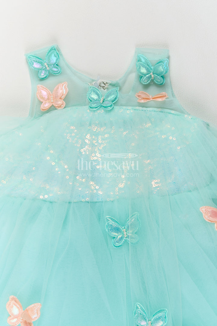 Girls Mint Turquoise Soft Net Peach Butterfly Tiers Party Frock
