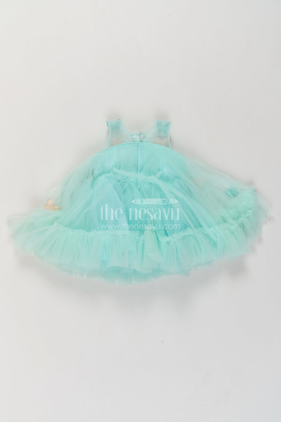 Girls Mint Turquoise Soft Net Peach Butterfly Tiers Party Frock