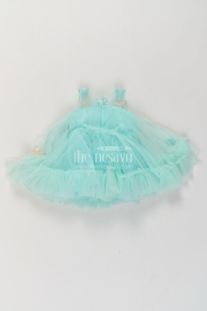 Girls Mint Turquoise Soft Net Peach Butterfly Tiers Party Frock