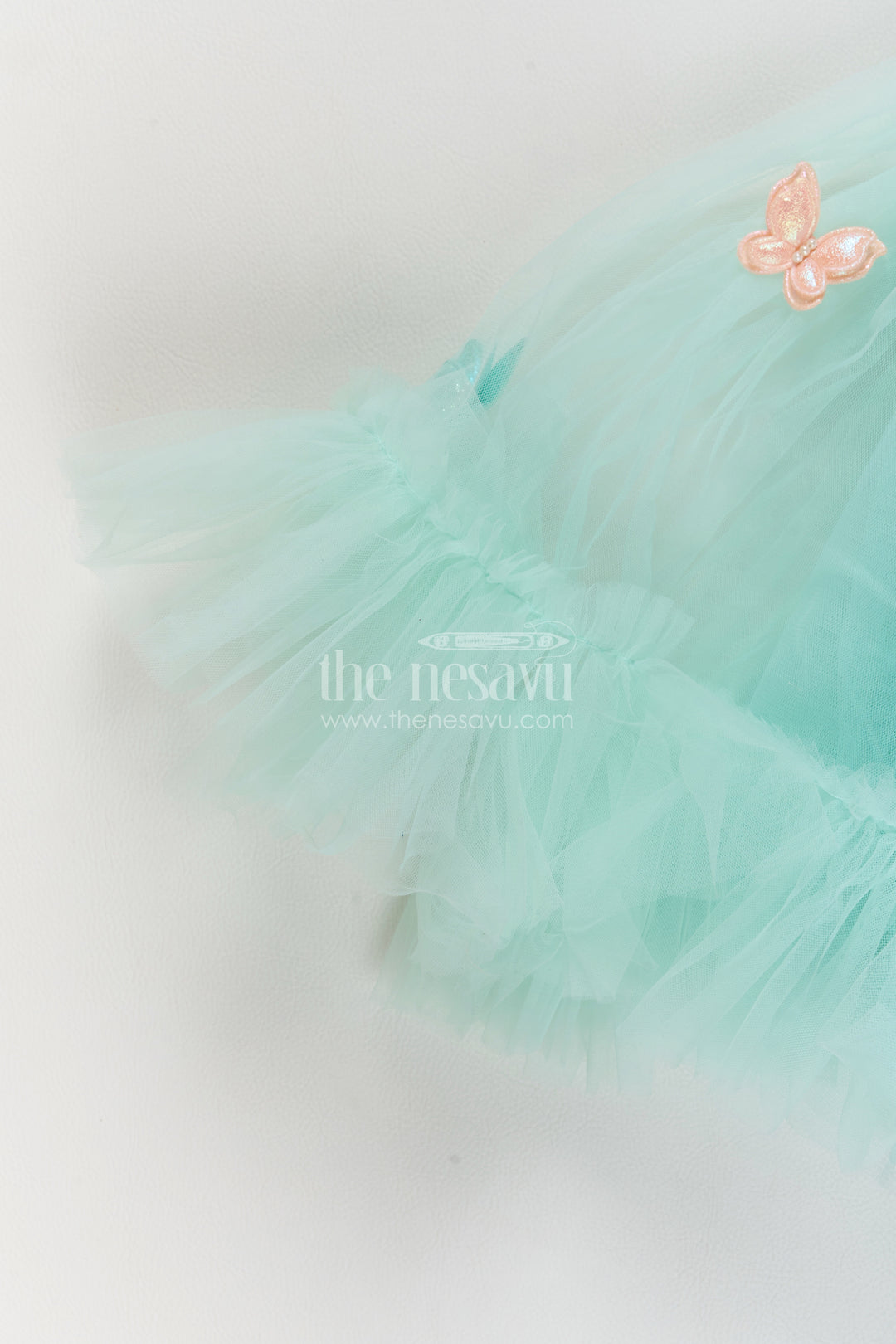 Girls Mint Turquoise Soft Net Peach Butterfly Tiers Party Frock