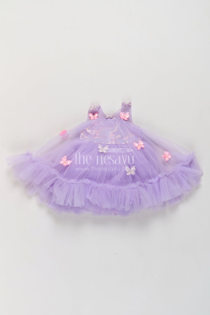 Girls Lavender Pink Butterfly Tiers Soft Net Party Frock