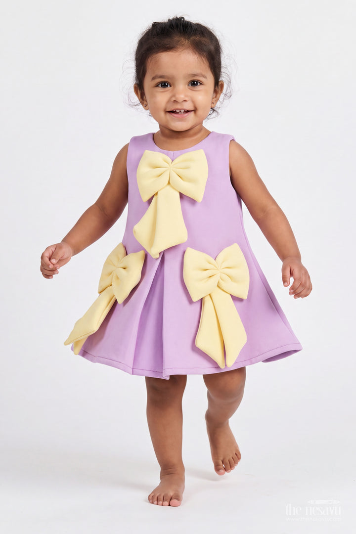 Girls Scuba Party Frock in Purple with Three Yellow Bows