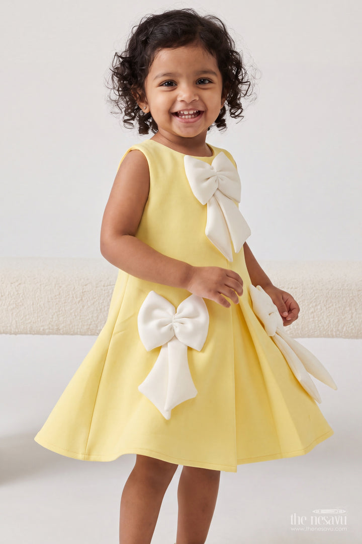 Girls Yellow Three White Bows Scuba Party Frock