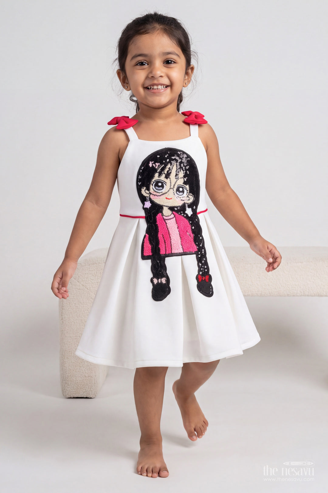 Girls White Black Scuba Character and Pink Bows Party Frock