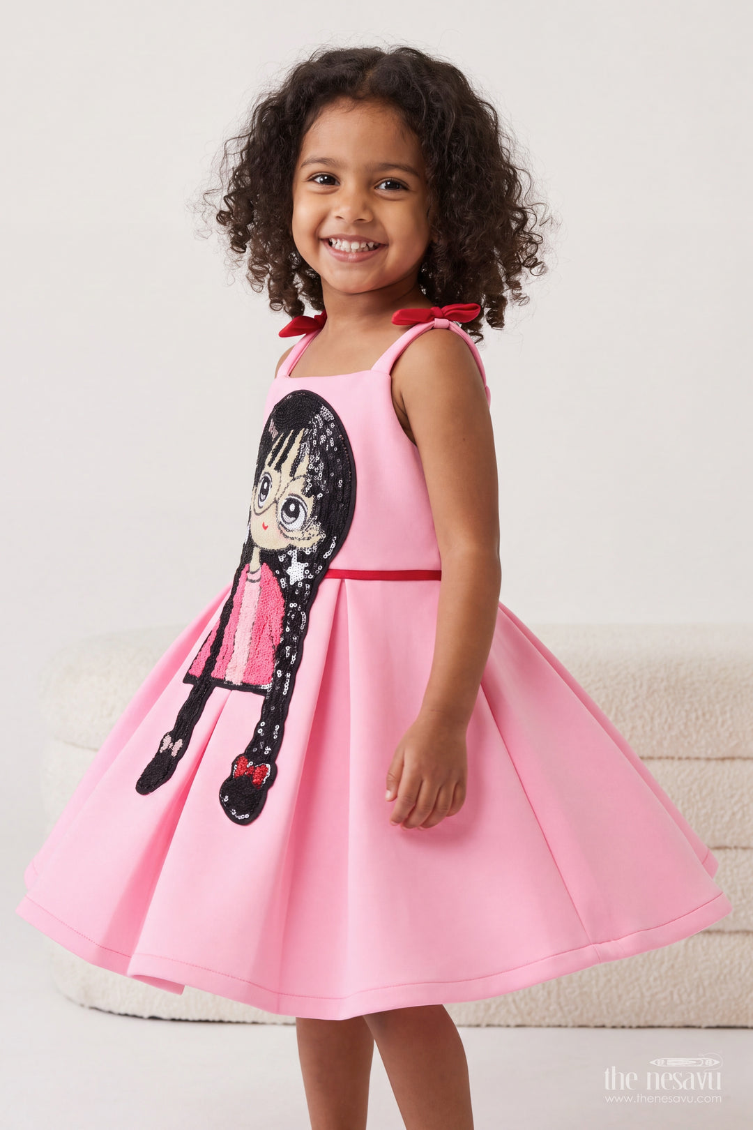 Girls Pink Character Shoulder Bows Scuba Party Frock