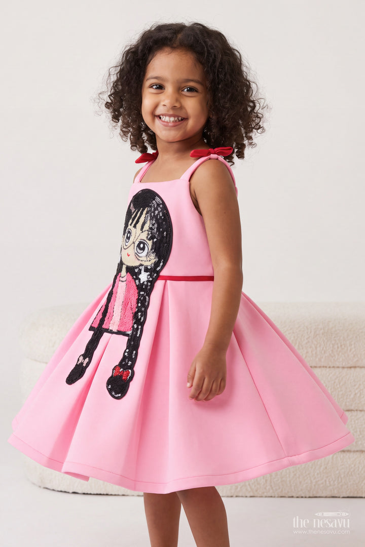Girls Pink Character Shoulder Bows Scuba Party Frock