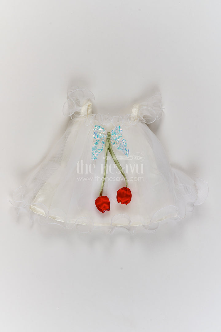 Girls Soft Net Party Frock in Ivory with Butterfly Frill