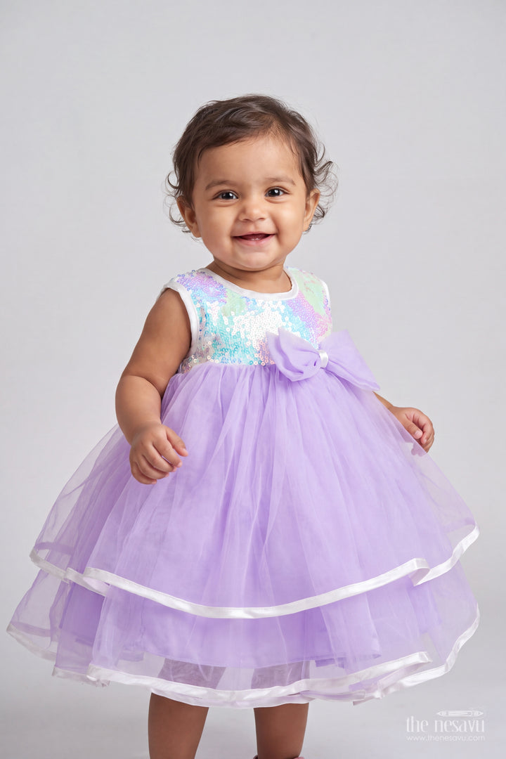 Girls Purple Soft Net Ribbon Tier Bow Party Frock