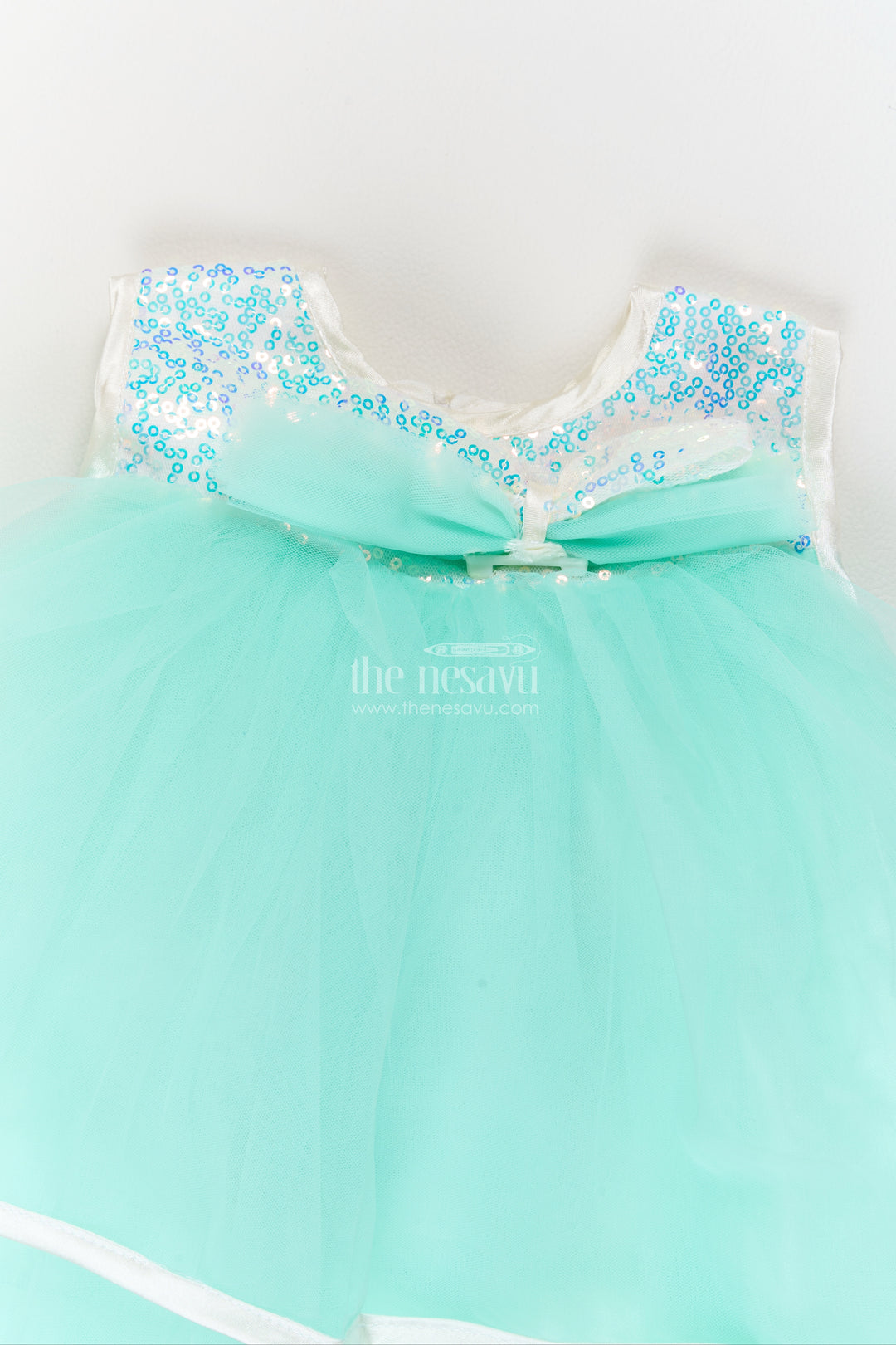Girls Soft Net Party Frock in Mint Turquoise with Sparkling Yoke Bow