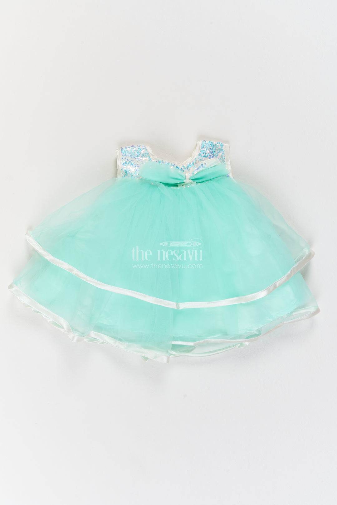 Girls Soft Net Party Frock in Mint Turquoise with Sparkling Yoke Bow