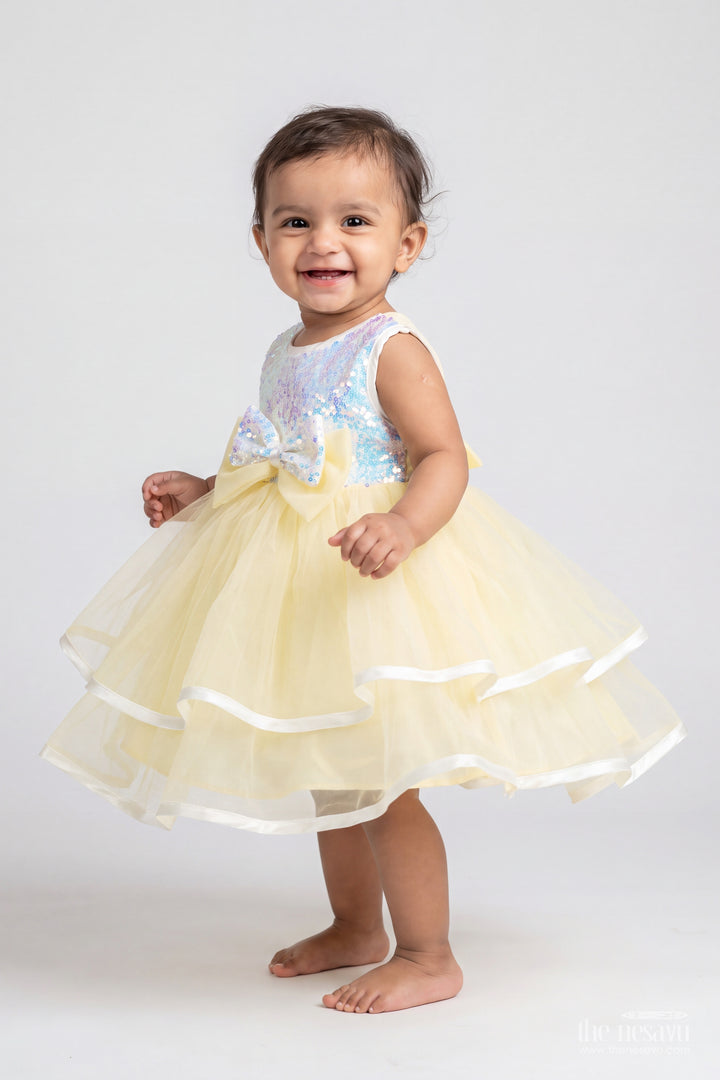 Girls Lemon Yellow Soft Net Ribbon Edged Tiers Party Frock