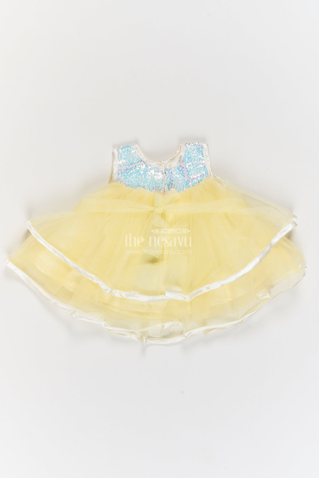 Girls Lemon Yellow Soft Net Ribbon Edged Tiers Party Frock