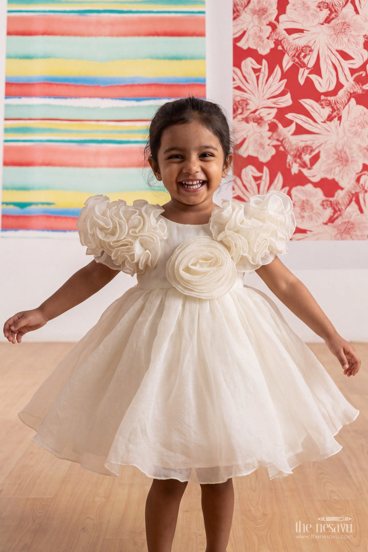Girls Ivory Georgette Sculptural Rosette Party Frock