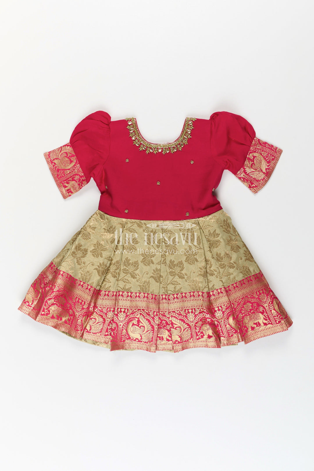 Girls First Birthday Dress in Blended Banarasi Silk with Rich Maroon Bodice and Golden Zari Skirt