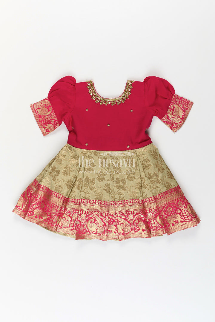 Girls First Birthday Dress in Blended Banarasi Silk with Rich Maroon Bodice and Golden Zari Skirt
