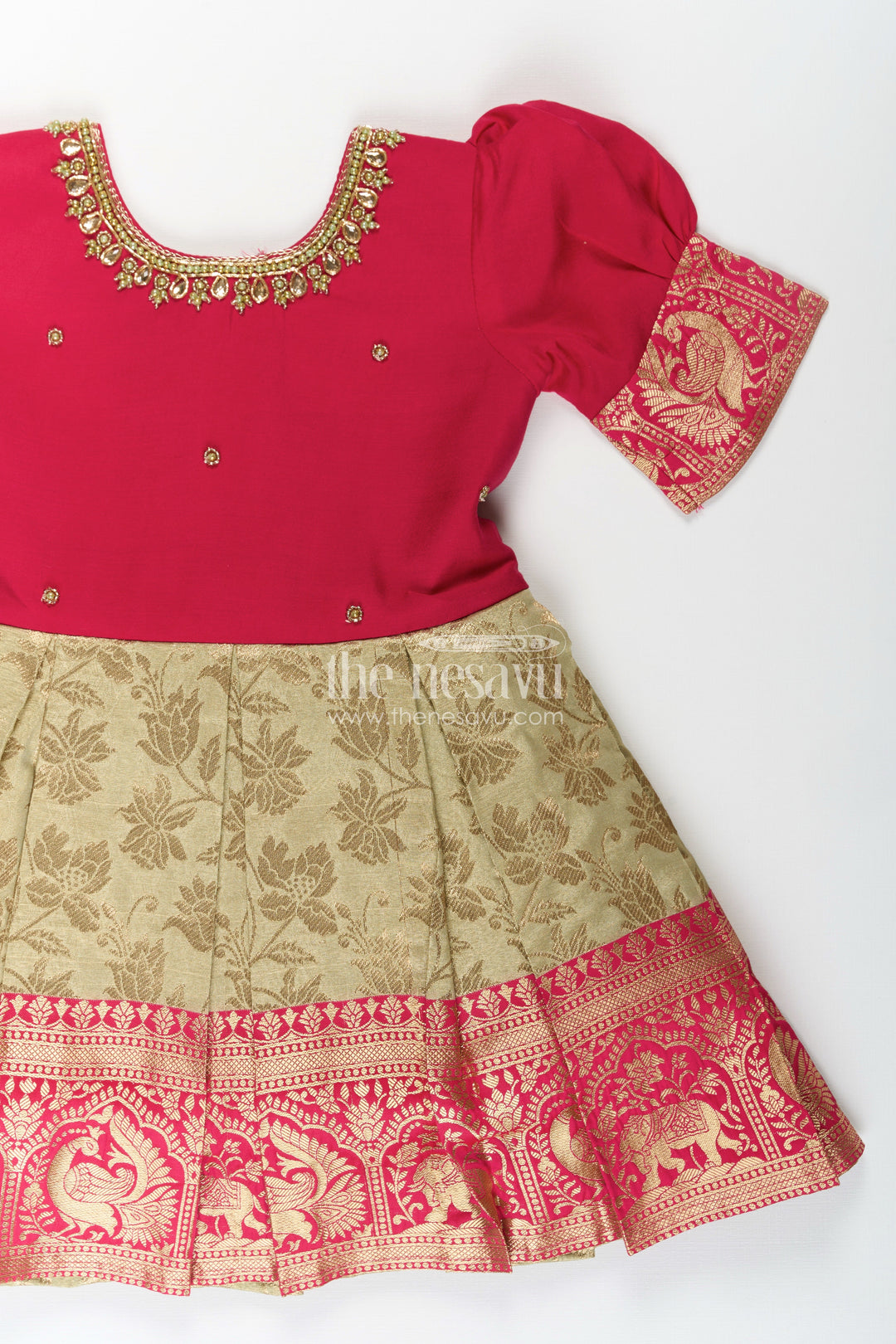 Girls First Birthday Dress in Blended Banarasi Silk with Rich Maroon Bodice and Golden Zari Skirt