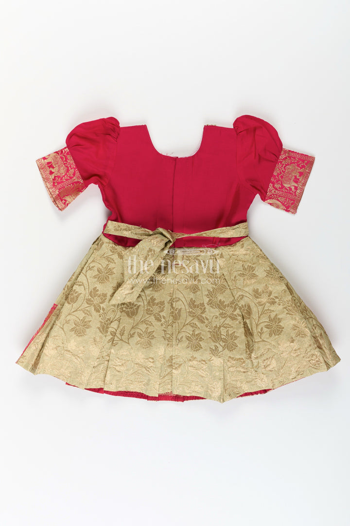 Girls First Birthday Dress in Blended Banarasi Silk with Rich Maroon Bodice and Golden Zari Skirt