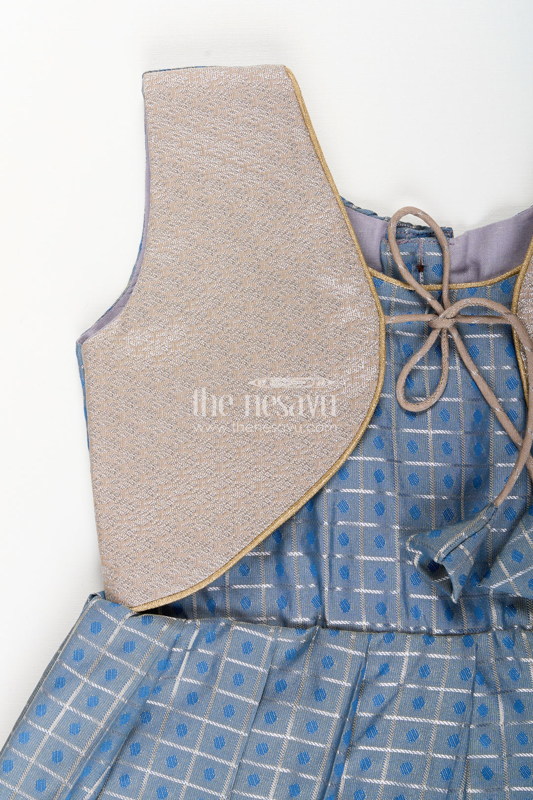Girls blue and beige semi Kanchivaram silk frock with jacket