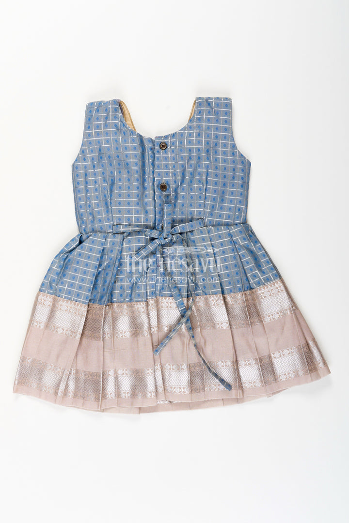 Girls blue and beige semi Kanchivaram silk frock with jacket