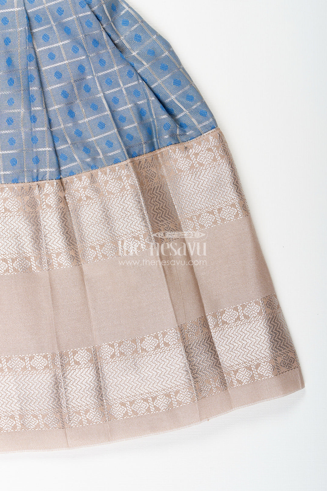 Girls blue and beige semi Kanchivaram silk frock with jacket