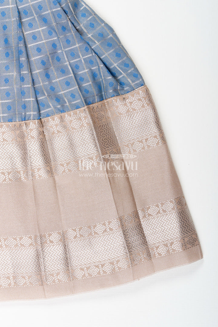 Girls blue and beige semi Kanchivaram silk frock with jacket