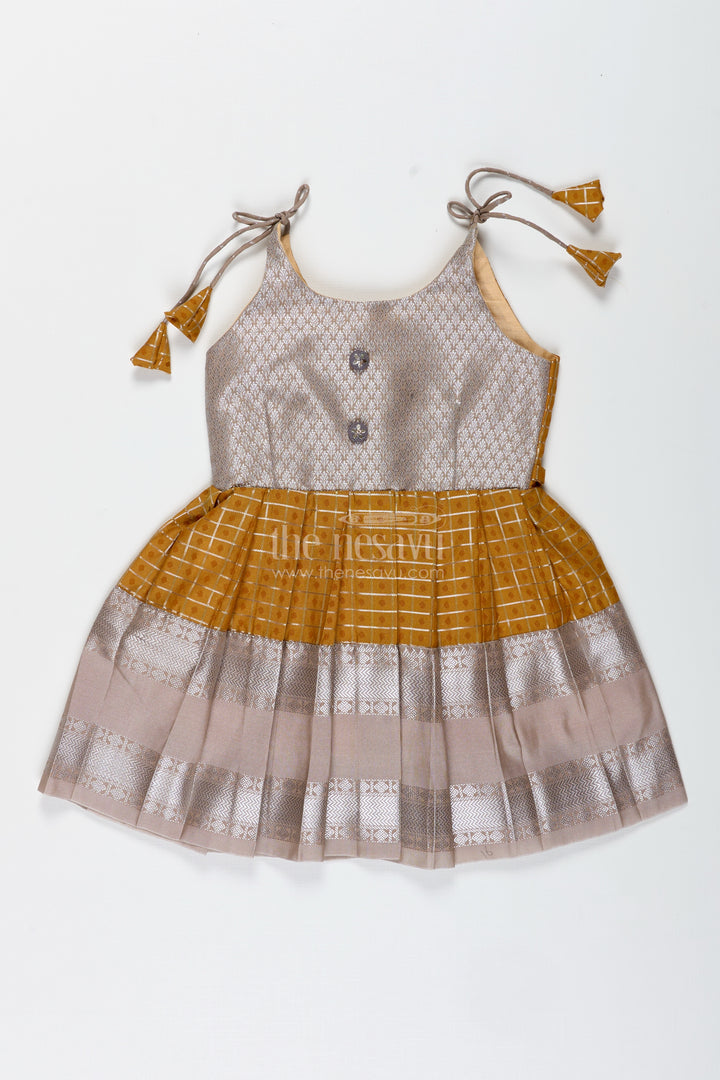 Grey And Mustard Tie-Up Frock For Baby Girls Semi Silk Dress For Festive Moments
