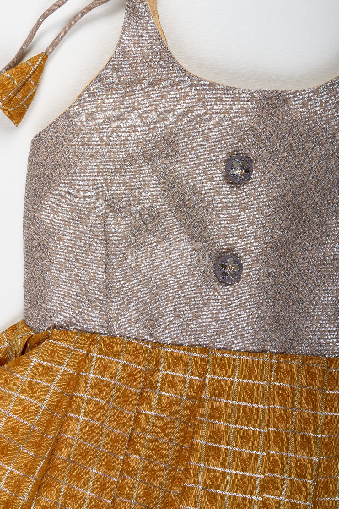 Grey And Mustard Tie-Up Frock For Baby Girls Semi Silk Dress For Festive Moments