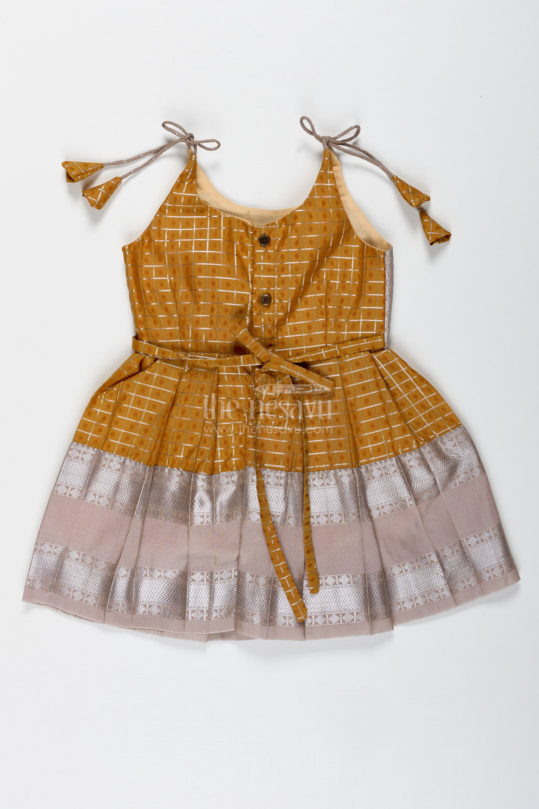 Grey And Mustard Tie-Up Frock For Baby Girls Semi Silk Dress For Festive Moments