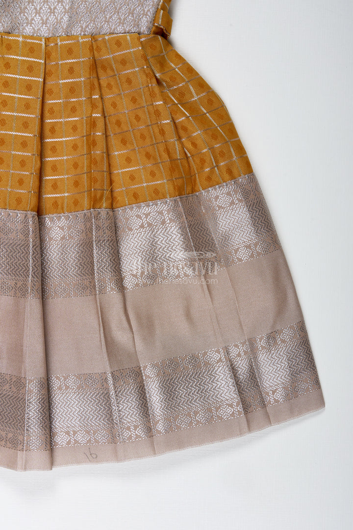 Grey And Mustard Tie-Up Frock For Baby Girls Semi Silk Dress For Festive Moments