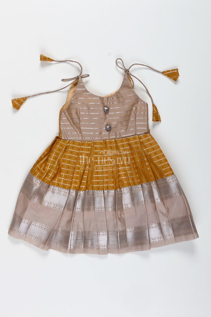 Grey And Mustard Tie-Up Frock For Baby Girls Semi Silk Dress For Festive Moments