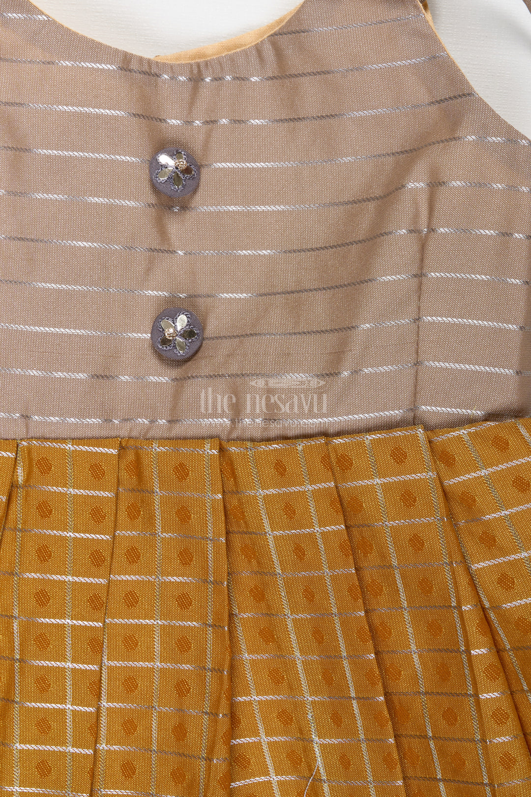Grey And Mustard Tie-Up Frock For Baby Girls Semi Silk Dress For Festive Moments