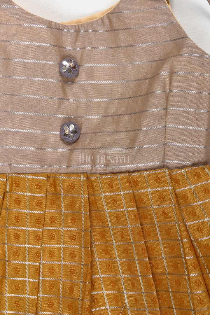 Grey And Mustard Tie-Up Frock For Baby Girls Semi Silk Dress For Festive Moments