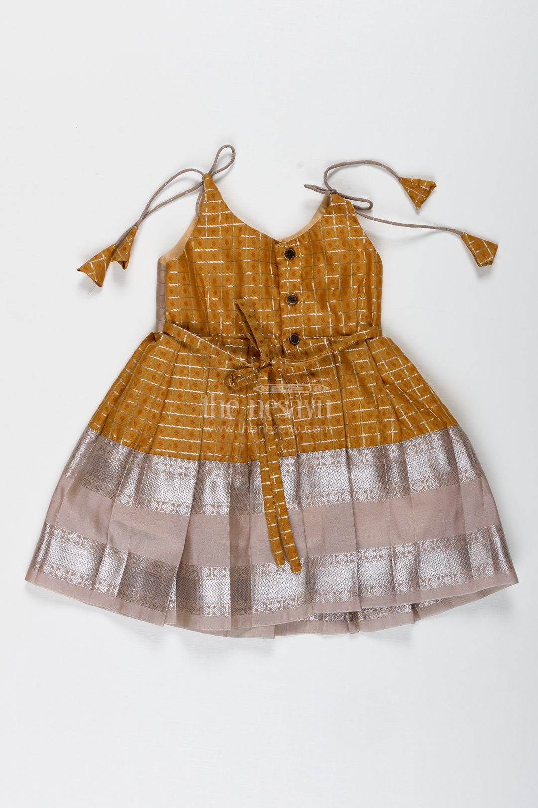Grey And Mustard Tie-Up Frock For Baby Girls Semi Silk Dress For Festive Moments