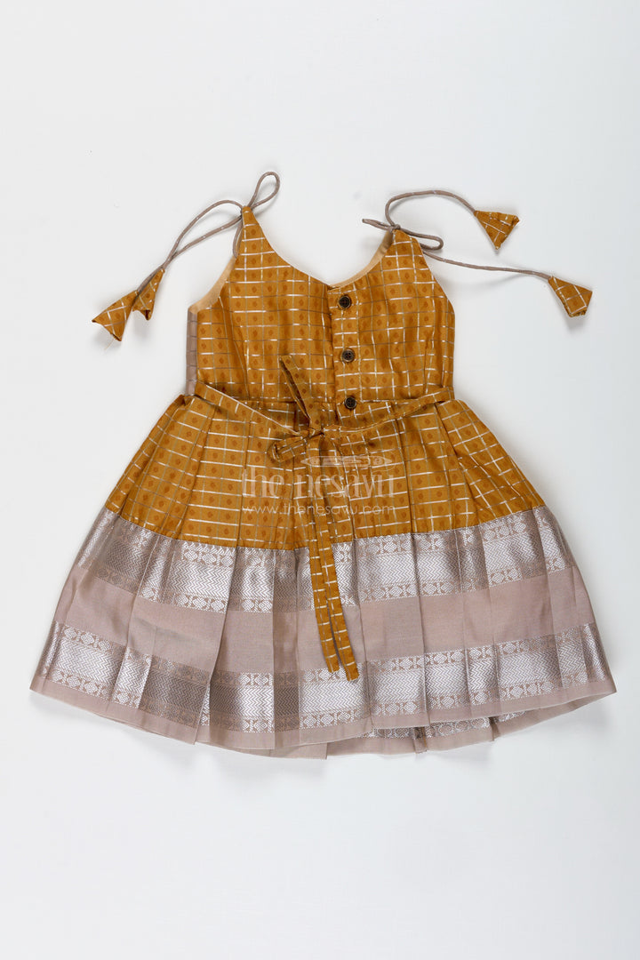 Grey And Mustard Tie-Up Frock For Baby Girls Semi Silk Dress For Festive Moments