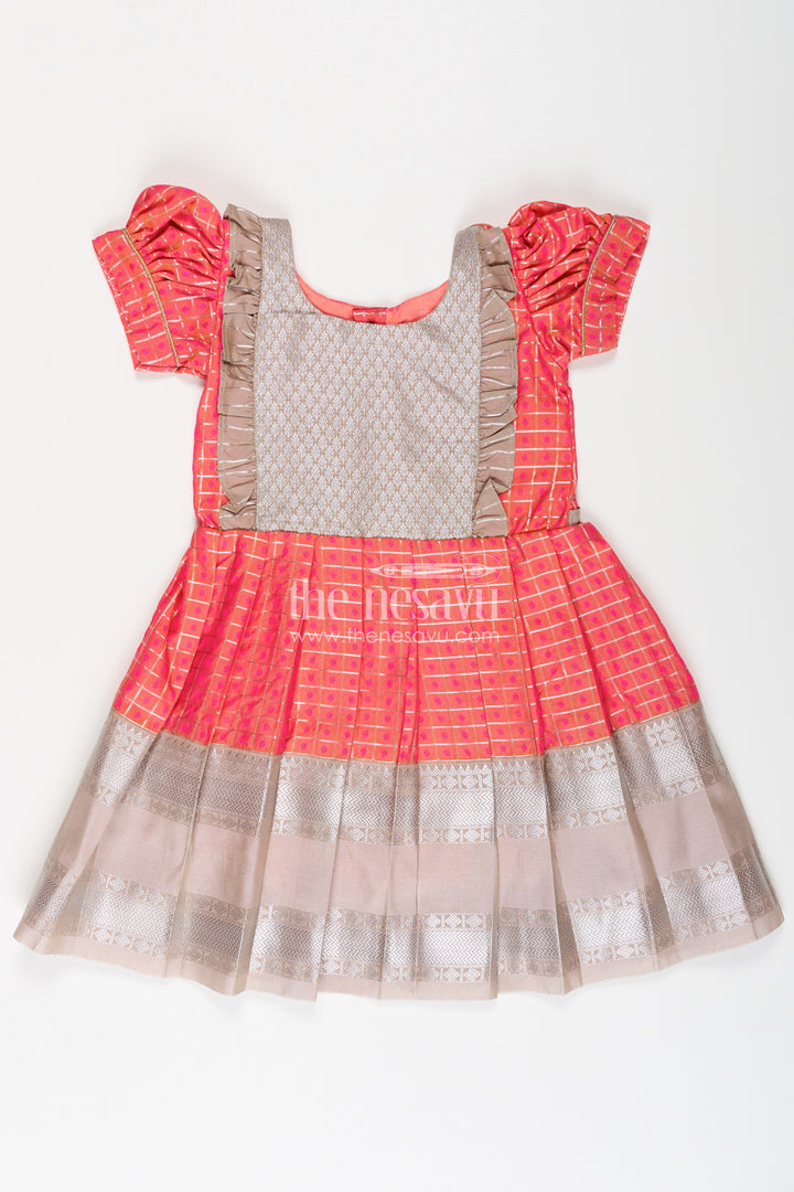 Girls Semi Kanchivaram Silk Frock with Puff Sleeves and Contrast Borders in new model pattu pavadai Design