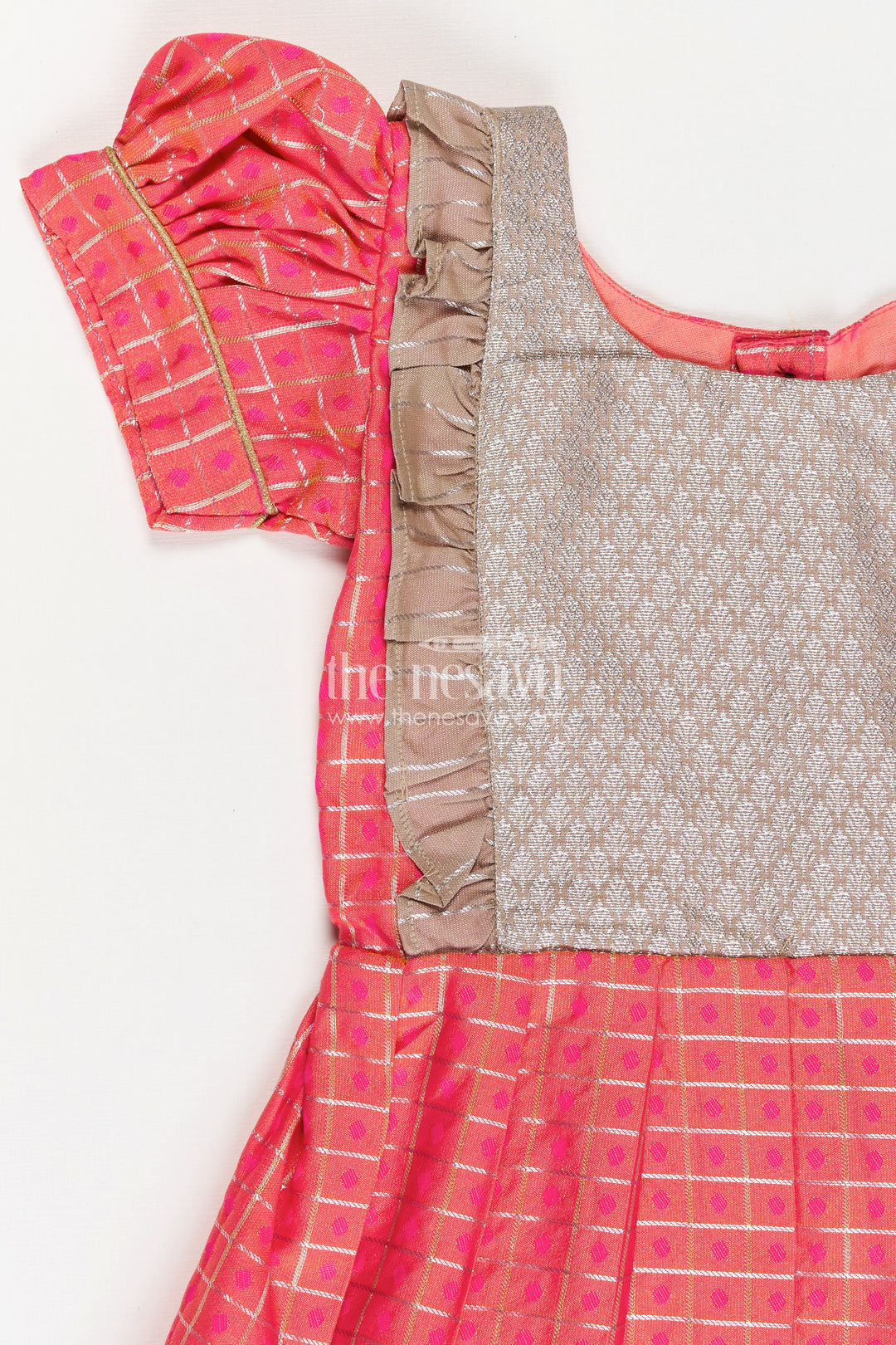 Girls Semi Kanchivaram Silk Frock with Puff Sleeves and Contrast Borders in new model pattu pavadai Design
