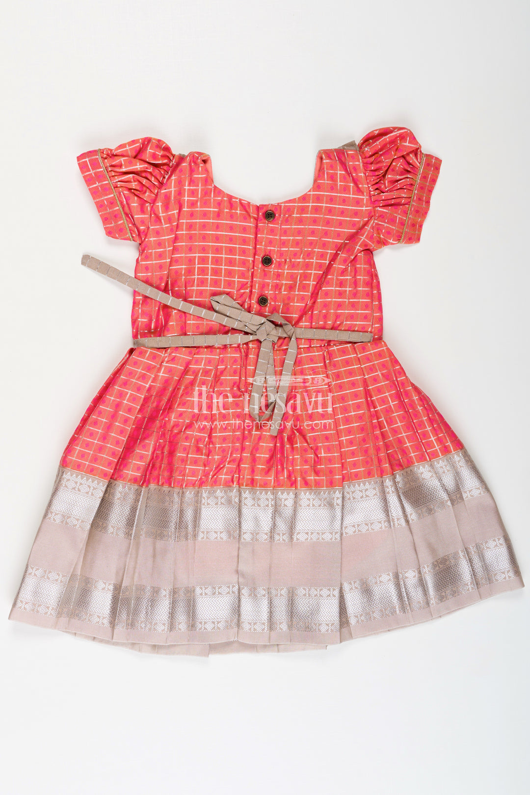 Girls Semi Kanchivaram Silk Frock with Puff Sleeves and Contrast Borders in new model pattu pavadai Design