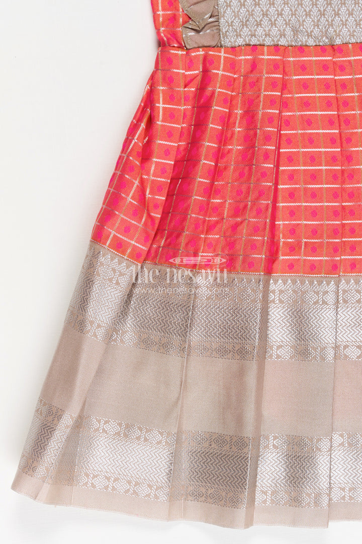 Girls Semi Kanchivaram Silk Frock with Puff Sleeves and Contrast Borders in new model pattu pavadai Design