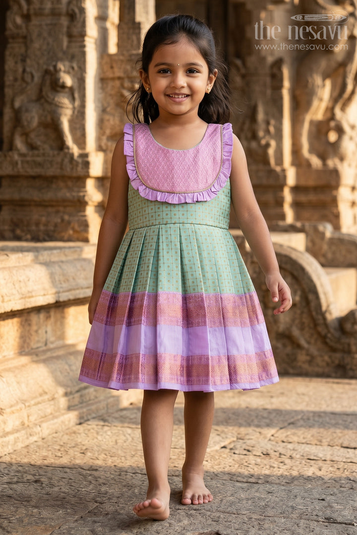 Girls Green Semi Kanchivaram Silk Frock with Lavender Border