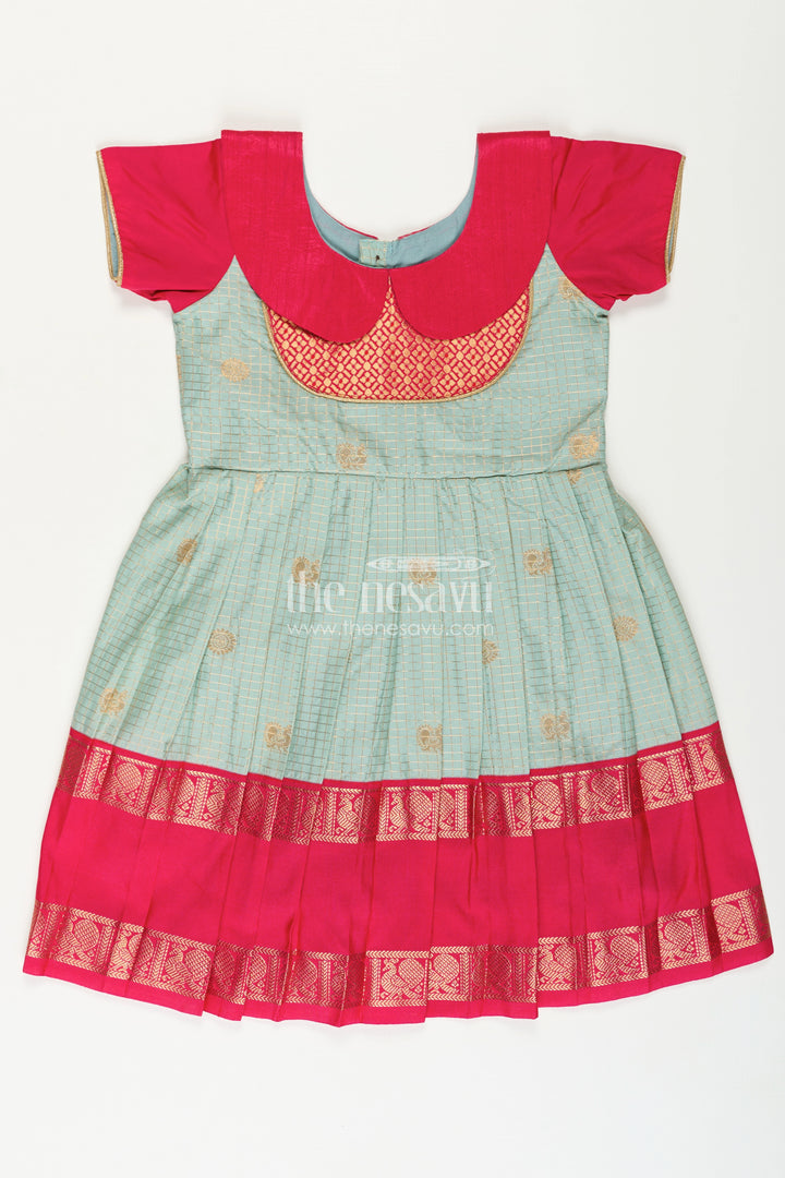 Girls Traditional Silk Frock with Dual Tone Finish and Puff Sleeves in silk short dress Design