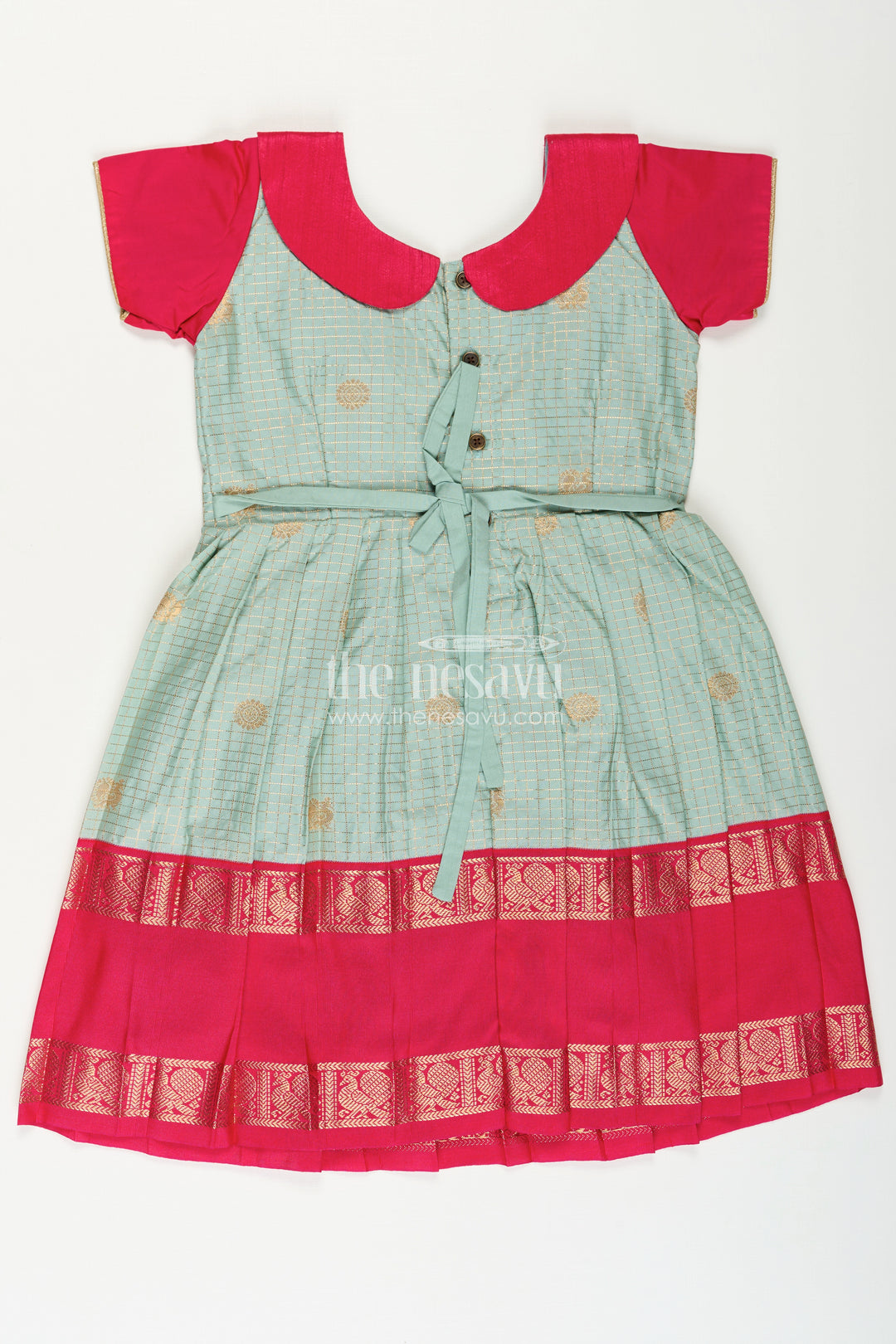 Girls Traditional Silk Frock with Dual Tone Finish and Puff Sleeves in silk short dress Design