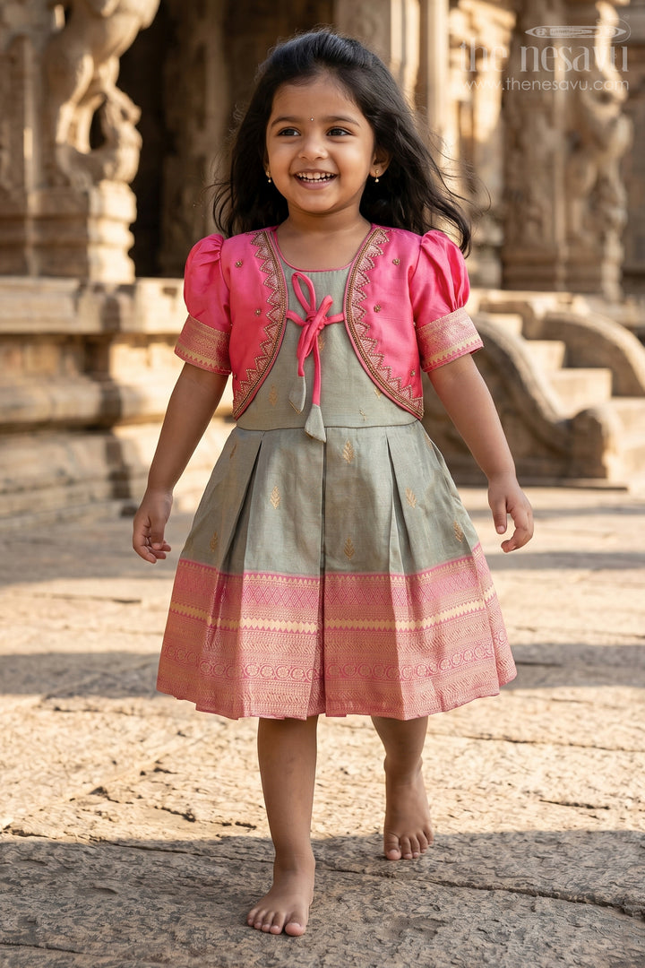 Girls Cute Newborn Dresses in Silk with Designer Pink Jacket and Green Pleated Zari Skirt