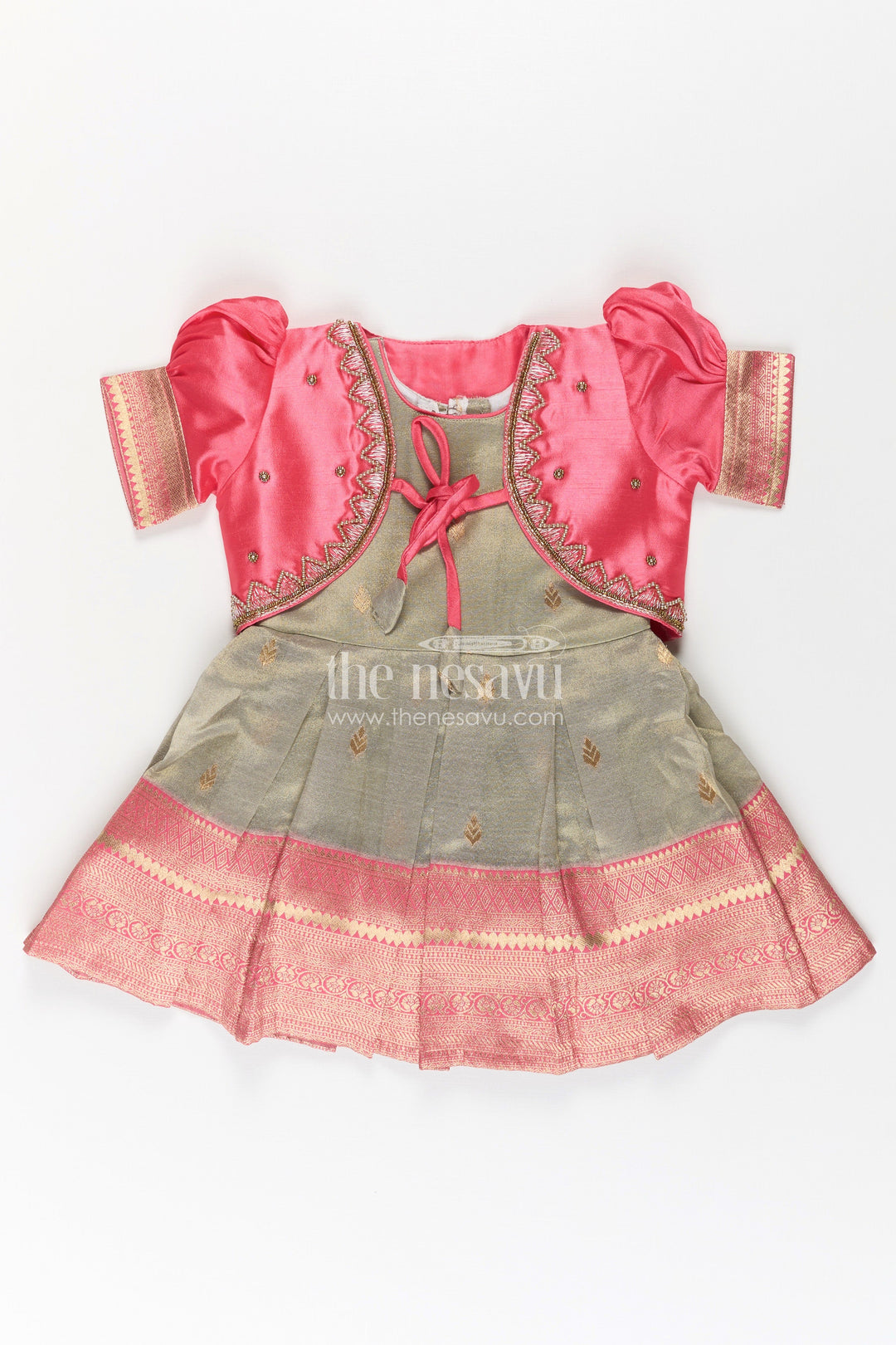 Girls Cute Newborn Dresses in Silk with Designer Pink Jacket and Green Pleated Zari Skirt