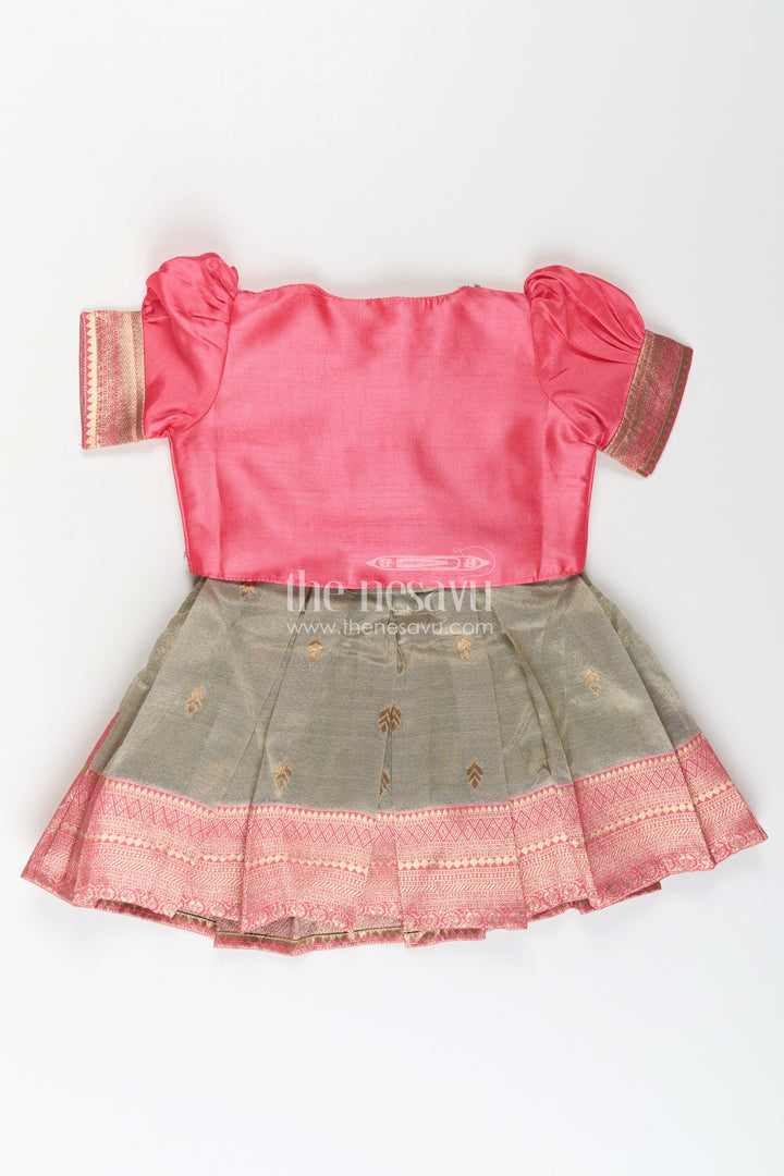 Girls Cute Newborn Dresses in Silk with Designer Pink Jacket and Green Pleated Zari Skirt